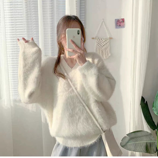 Women's Oversized V-Neck Fluffy Knit Sweater - Loose Fit with Ribbed Trim 1