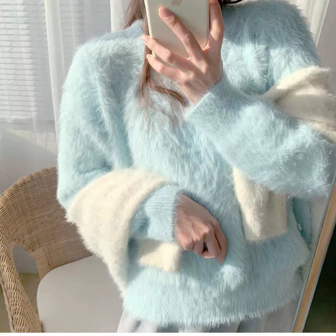 Women's Oversized V-Neck Fluffy Knit Sweater - Loose Fit with Ribbed Trim 3