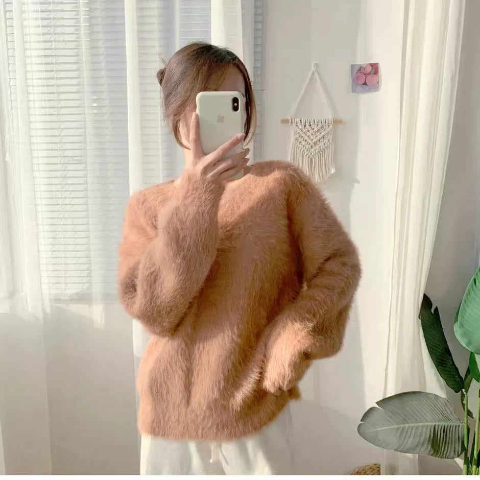 Women's Oversized V-Neck Fluffy Knit Sweater - Loose Fit with Ribbed Trim 4