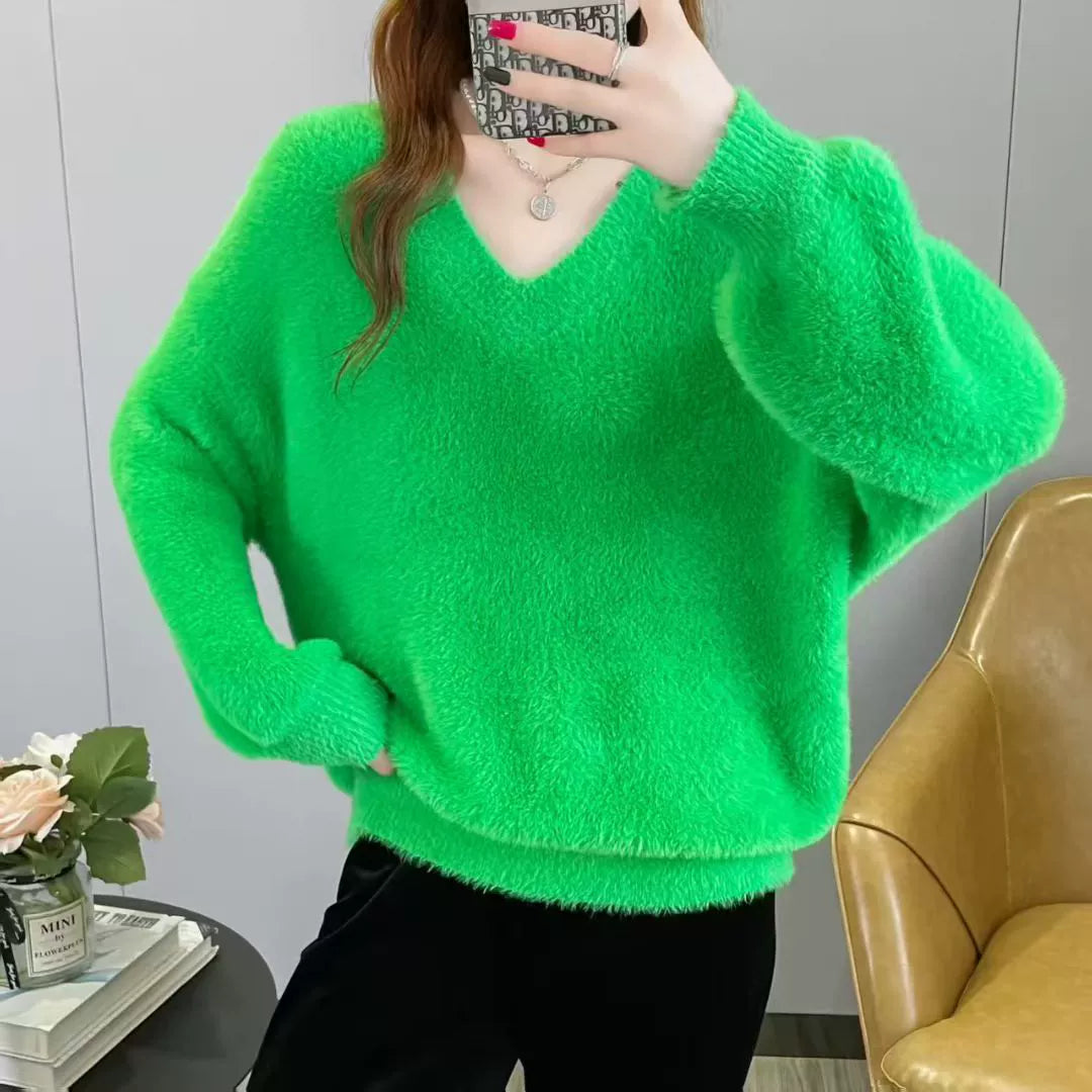 Women's Oversized V-Neck Fluffy Knit Sweater - Loose Fit with Ribbed Trim 5