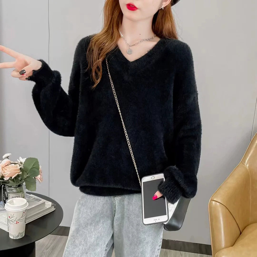 Women's Oversized V-Neck Fluffy Knit Sweater - Loose Fit with Ribbed Trim 6