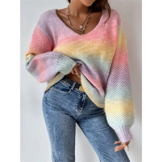 Gradient Pattern V-Neck Sweater for Women – Relaxed Fit Chunky Knit 1