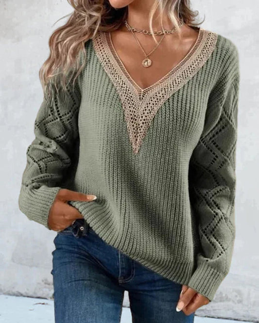 Womens V-Neck Sweater with Lace Trim and Open Knit Sleeves 1