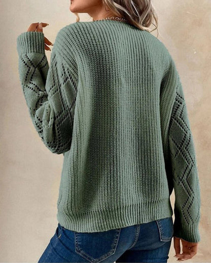 Womens V-Neck Sweater with Lace Trim and Open Knit Sleeves 2
