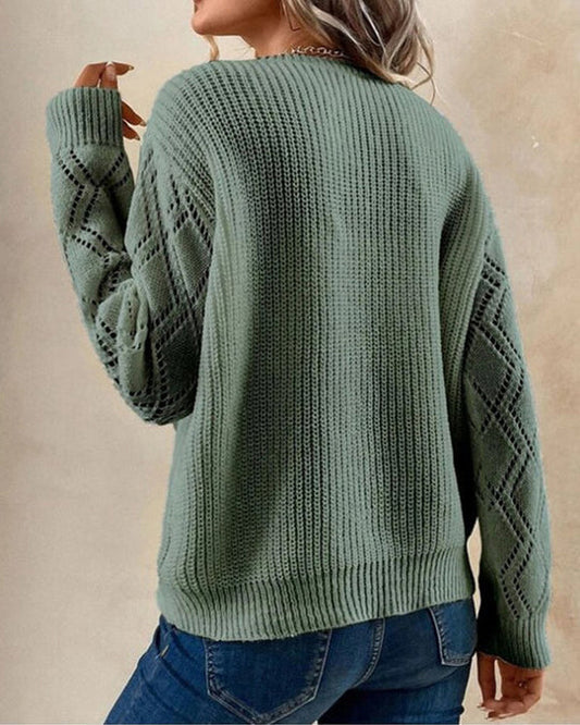 Womens V-Neck Sweater with Lace Trim and Open Knit Sleeves 2