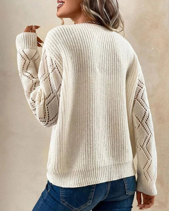 Womens V-Neck Sweater with Lace Trim and Open Knit Sleeves 3