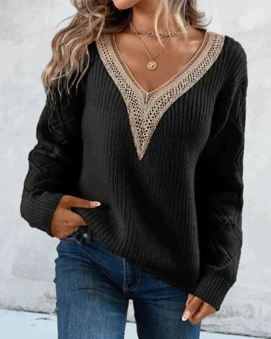 Womens V-Neck Sweater with Lace Trim and Open Knit Sleeves 5