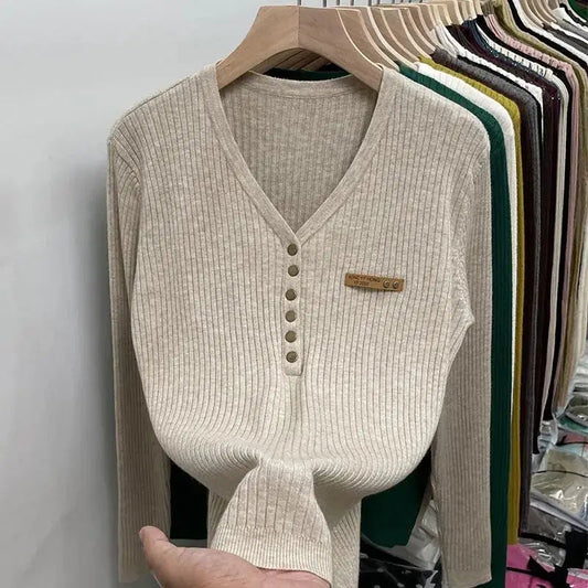 Womens V-Neck Sweater with Button Details for Cozy Style 1