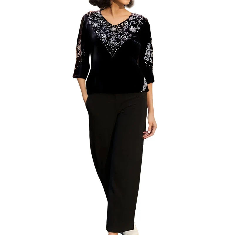 Women's Velvet Embellished V-Neck Top and Trouser Set in Black – additional product view | Hensley London