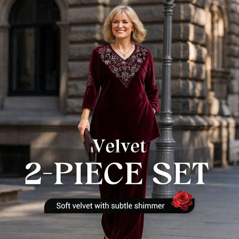 Women's Velvet Embellished V-Neck Top and Trouser Set – product view | Hensley London