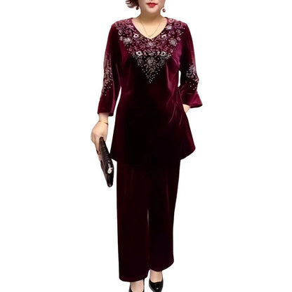 Women's Velvet Embellished V-Neck Top and Trouser Set in Burgundy – additional product view | Hensley London