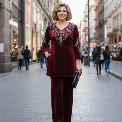 Women's Velvet Embellished V-Neck Top and Trouser Set – additional product view | Hensley London
