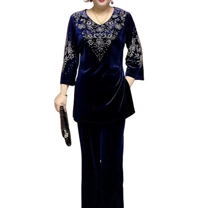 Women's Velvet Embellished V-Neck Top and Trouser Set in Blue – additional product view | Hensley London