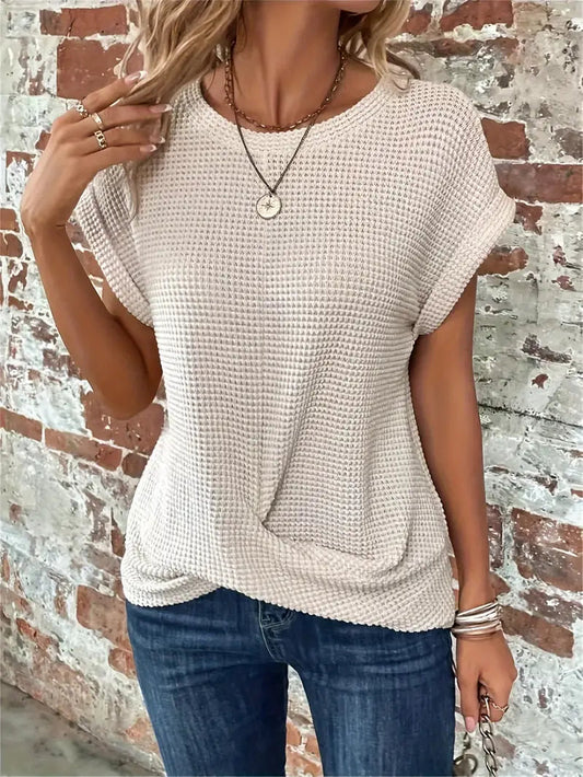 Women's Waffle Knit Top - Breathable Loose Fit Round Neck Casual Top for Spring/Summer 0