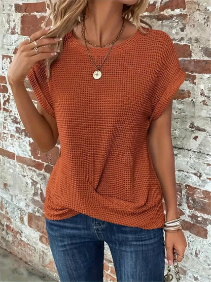 Women's Waffle Knit Top - Breathable Loose Fit Round Neck Casual Top for Spring/Summer 10