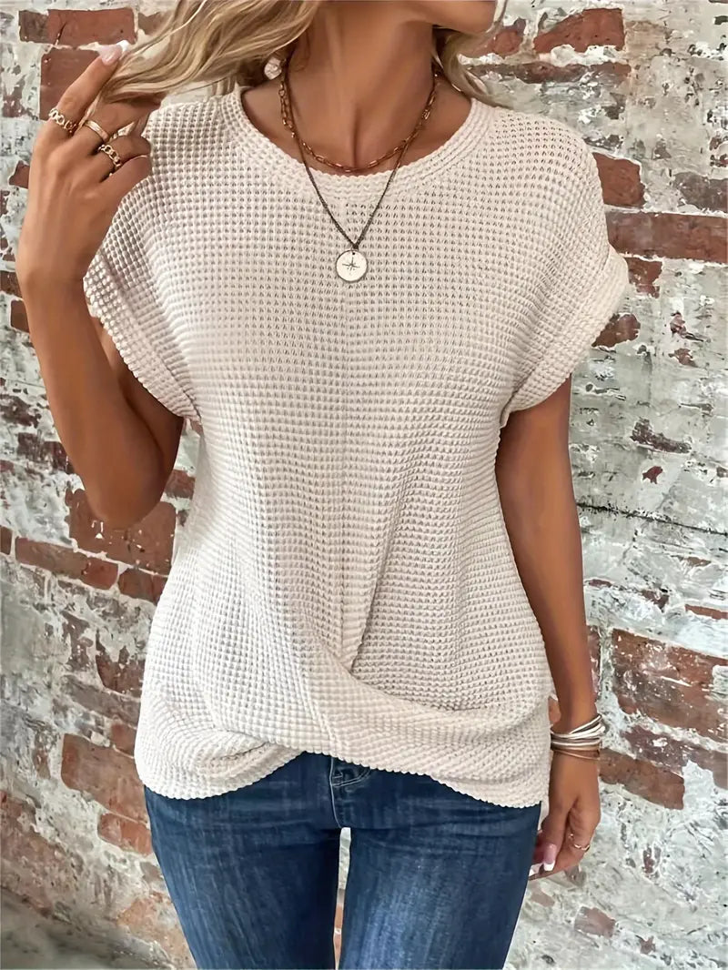 Women's Waffle Knit Top - Breathable Loose Fit Round Neck Casual Top for Spring/Summer 2