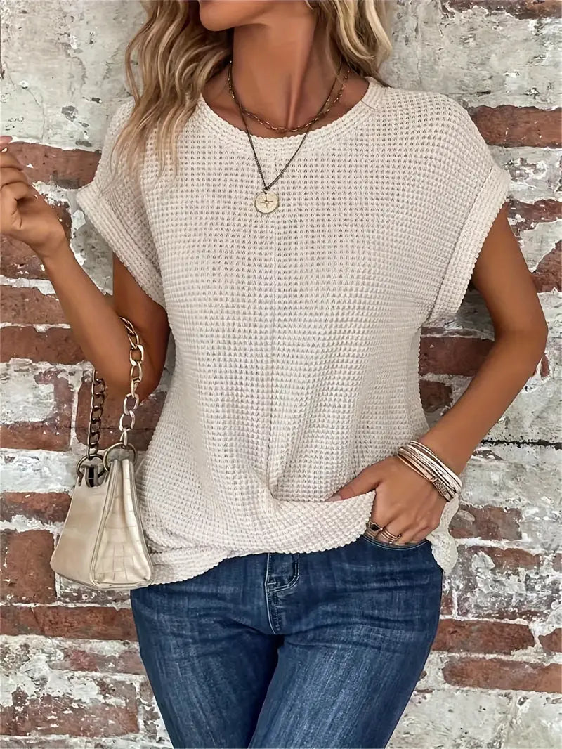 Women's Waffle Knit Top - Breathable Loose Fit Round Neck Casual Top for Spring/Summer 4