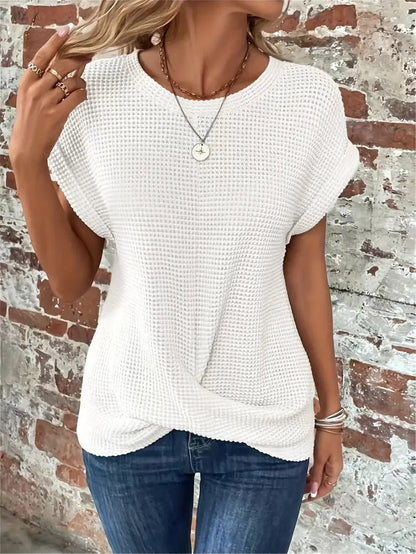 Women's Waffle Knit Top - Breathable Loose Fit Round Neck Casual Top for Spring/Summer 5
