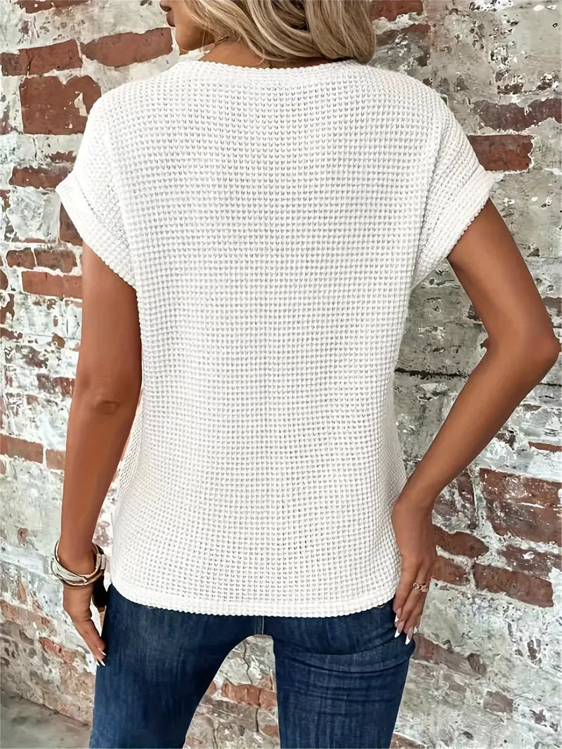 Women's Waffle Knit Top - Breathable Loose Fit Round Neck Casual Top for Spring/Summer 6