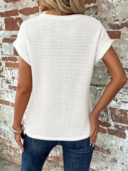 Women's Waffle Knit Top - Breathable Loose Fit Round Neck Casual Top for Spring/Summer 6