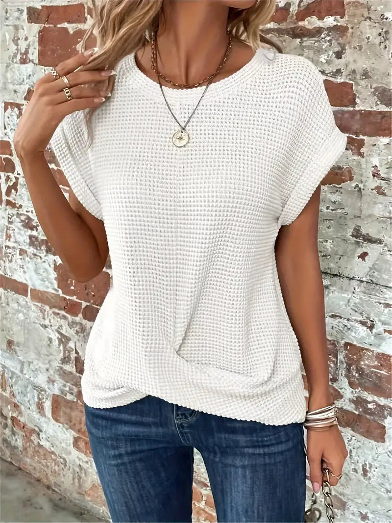 Women's Waffle Knit Top - Breathable Loose Fit Round Neck Casual Top for Spring/Summer 7