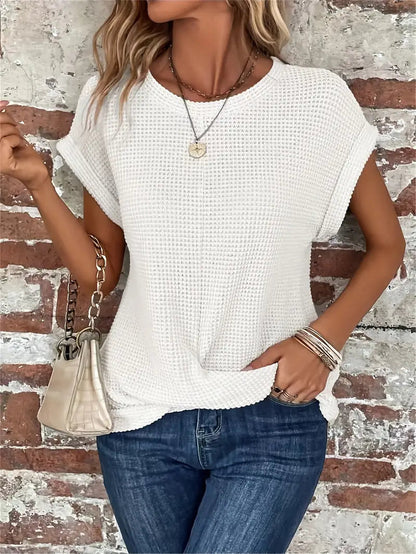 Women's Waffle Knit Top - Breathable Loose Fit Round Neck Casual Top for Spring/Summer 8