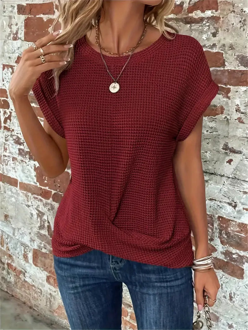 Women's Waffle Knit Top - Breathable Loose Fit Round Neck Casual Top for Spring/Summer 9