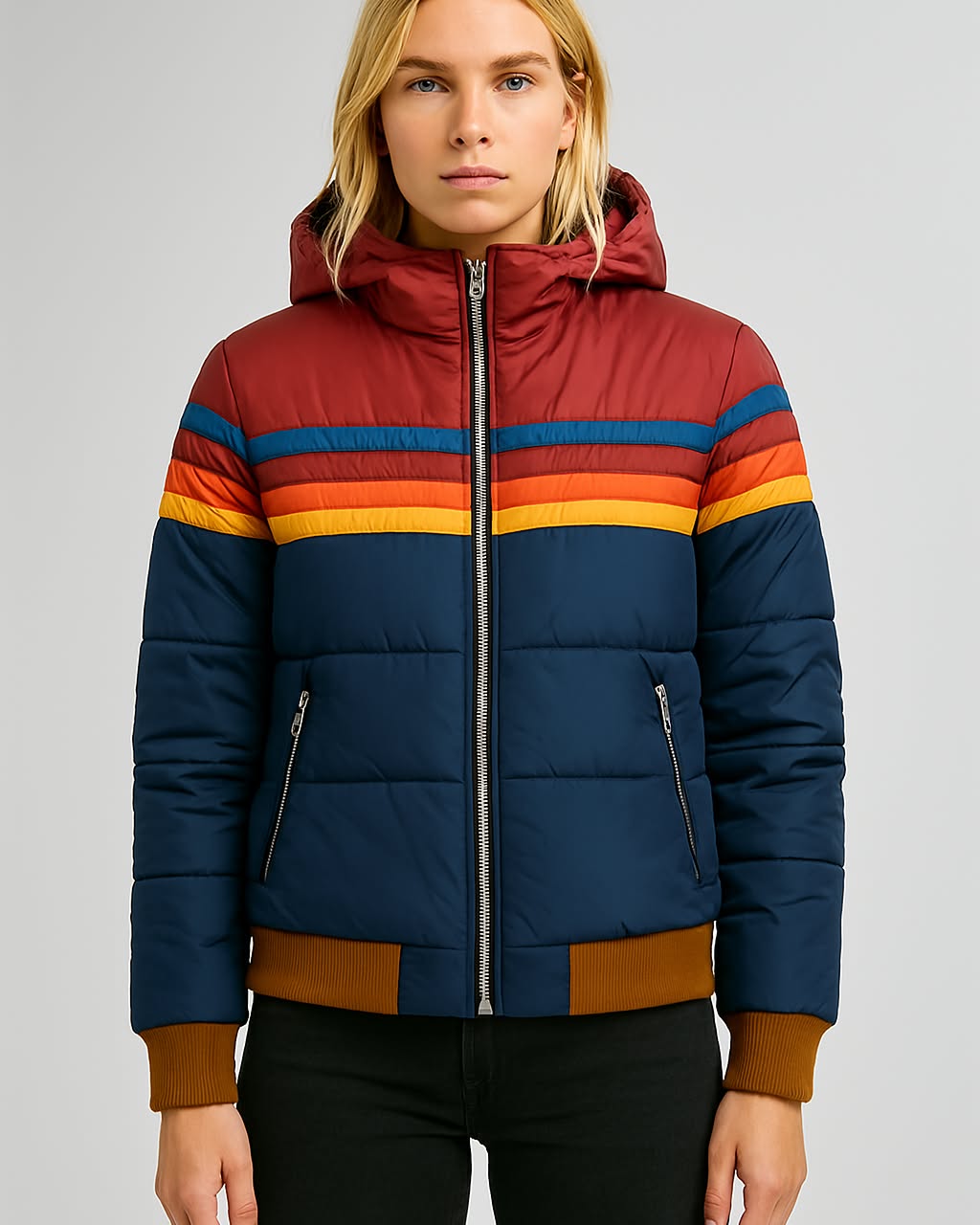 Women's Puffer Jacket Colorblock Hooded Waterproof Winter Coat - 1
