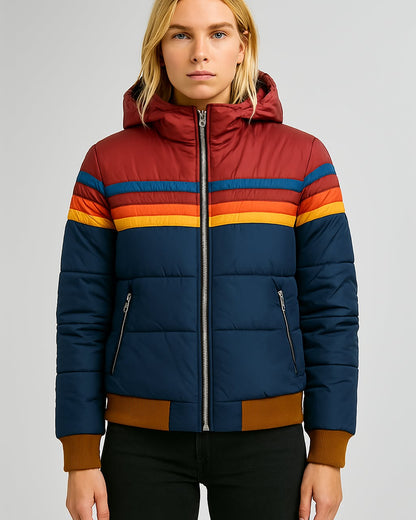 Women's Puffer Jacket Colorblock Hooded Waterproof Winter Coat - 1