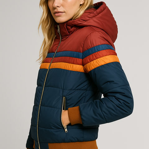 Women's Puffer Jacket Colorblock Hooded Waterproof Winter Coat - 6