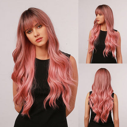 Women's Wavy Wig Ombre Pink 24 Inch Heat-Resistant Fiber 10