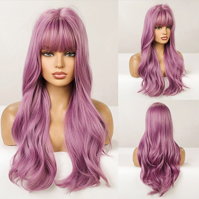 Women's Wavy Wig Ombre Pink 24 Inch Heat-Resistant Fiber 42