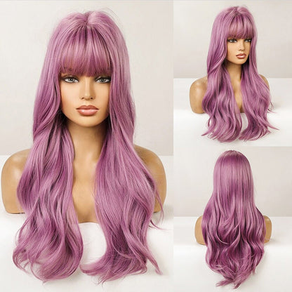 Women's Wavy Wig Ombre Pink 24 Inch Heat-Resistant Fiber 42