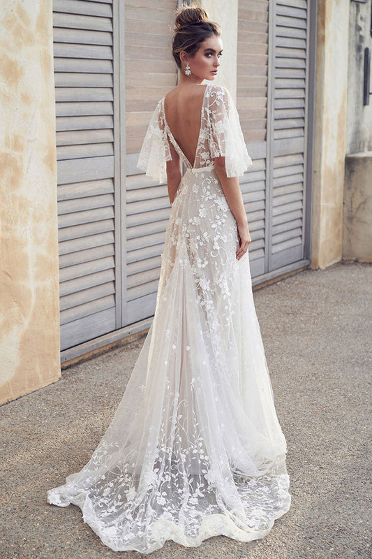 Women's Wedding Dress White Tulle Floral Embroidered 1