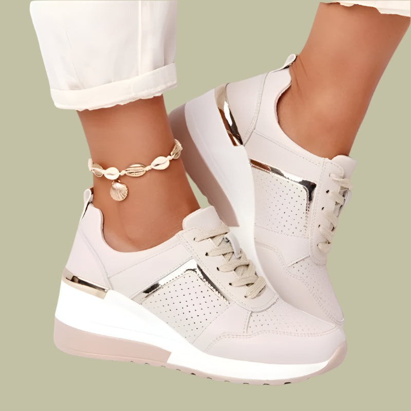 Women’s Wedge Sneakers with Perforated Sides and Metallic Accents – Lace-Up Synthetic Leather 0