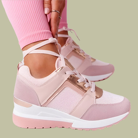 Women’s Wedge Sneakers with Perforated Sides and Metallic Accents – Lace-Up Synthetic Leather 1