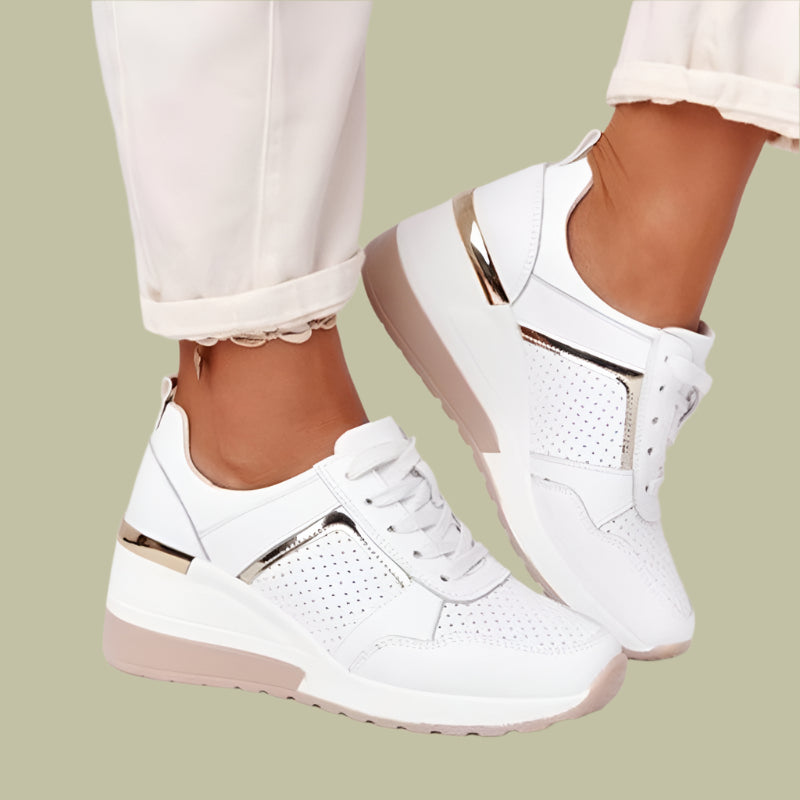 Women’s Wedge Sneakers with Perforated Sides and Metallic Accents – Lace-Up Synthetic Leather 2