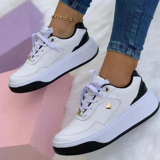 Women's White Platform Sneakers with Cushioned Sole – Lace-Up Faux Leather Casual Footwear 1