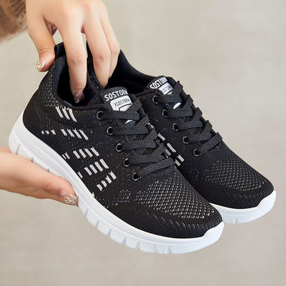 Women's White Sneakers - Breathable Knit Low-Top Lace-Up Casual Walking Shoes with Cushioned Sole 0