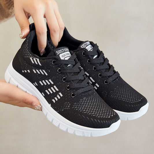 Women's White Sneakers - Breathable Knit Low-Top Lace-Up Casual Walking Shoes with Cushioned Sole 0