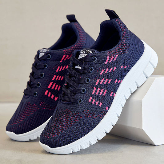 Women's White Sneakers - Breathable Knit Low-Top Lace-Up Casual Walking Shoes with Cushioned Sole 1