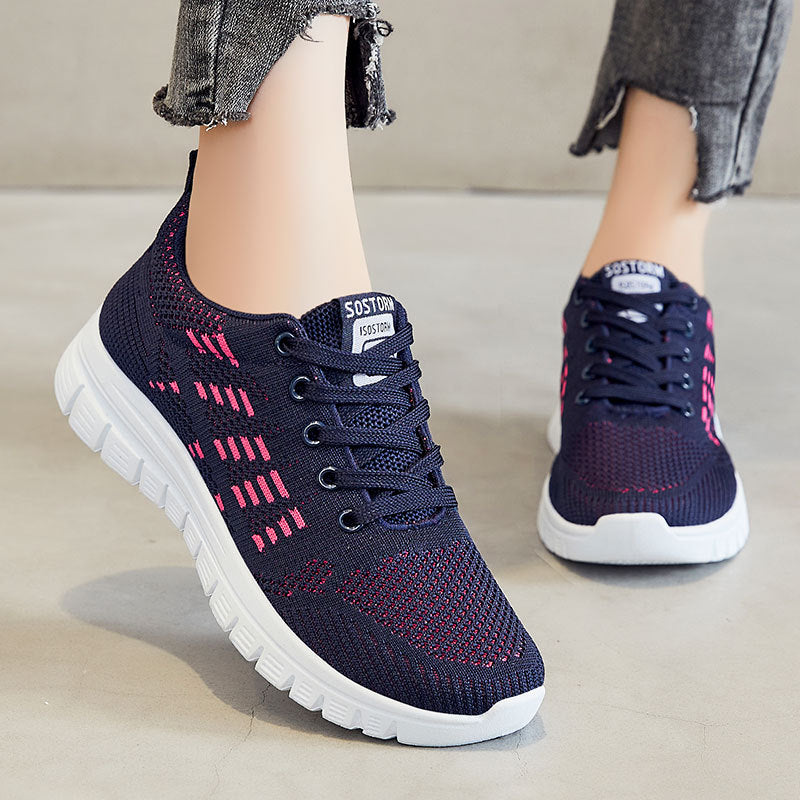 Women's White Sneakers - Breathable Knit Low-Top Lace-Up Casual Walking Shoes with Cushioned Sole 2