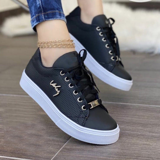 Women's White Sneakers - Breathable Leather Lace-Up Sneakers with Cushioned Sole for Everyday Comfort 0