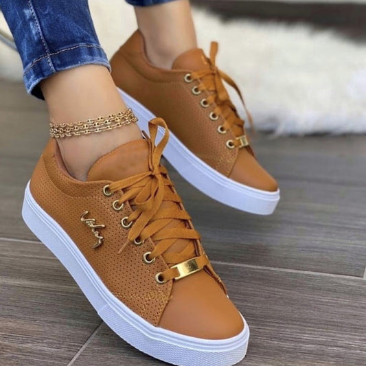 Women's White Sneakers - Breathable Leather Lace-Up Sneakers with Cushioned Sole for Everyday Comfort 1