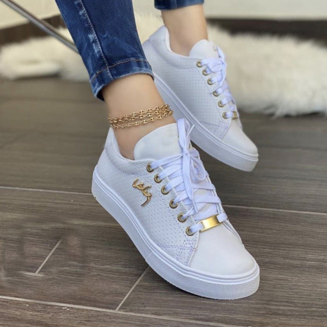 Women's White Sneakers - Breathable Leather Lace-Up Sneakers with Cushioned Sole for Everyday Comfort 2