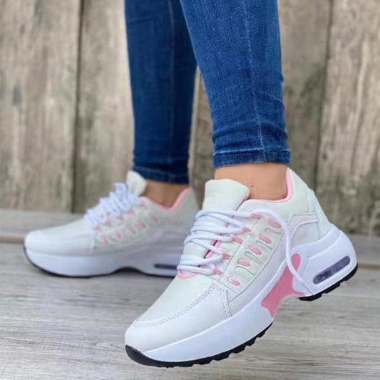 Women's White Sneakers - Breathable Mesh Athletic Shoes with Platform Sole and Cushioned Lace-Up Fit for Walking and Casual Wear 0