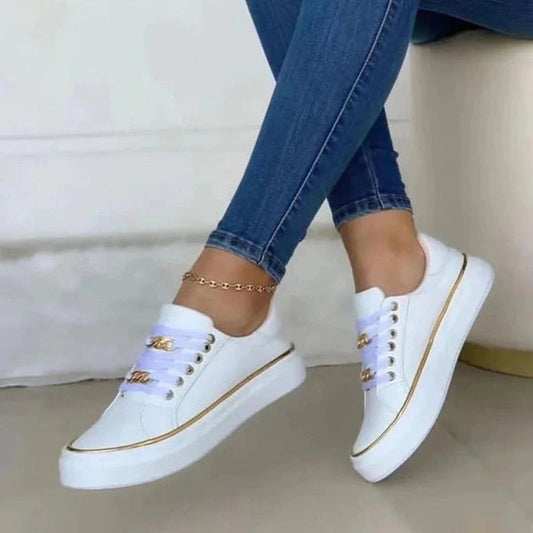 Women's White Trainers with Gold Accent – Stylish Low-Top Sneakers for Comfort and Versatility 0
