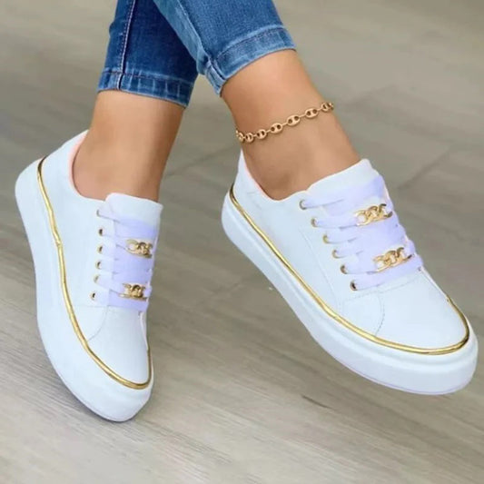 Women's White Trainers with Gold Accent – Stylish Low-Top Sneakers for Comfort and Versatility 1