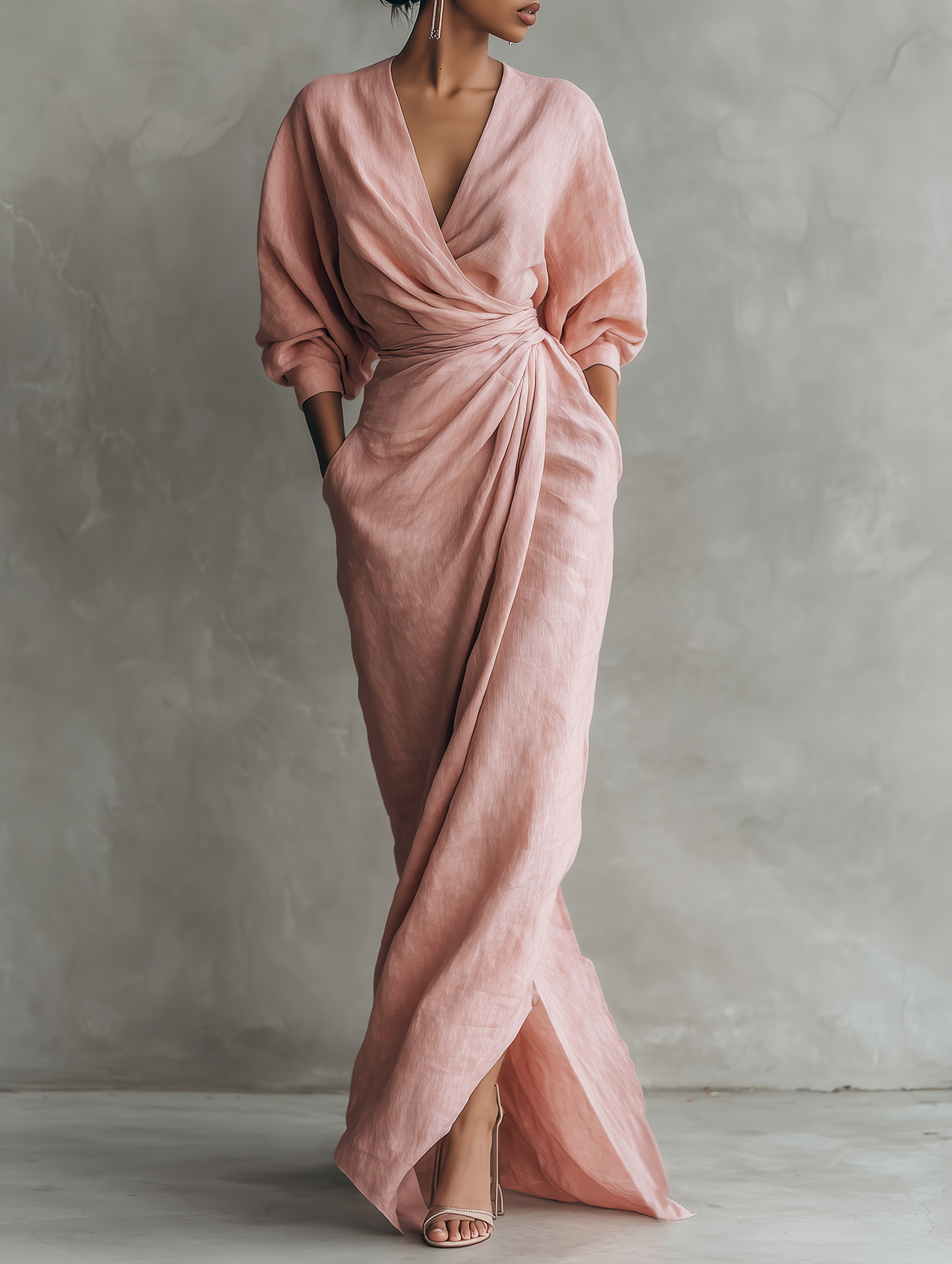 Women's Linen Blend V-Neck Minimalist Maxi Dress – product view | Hensley London