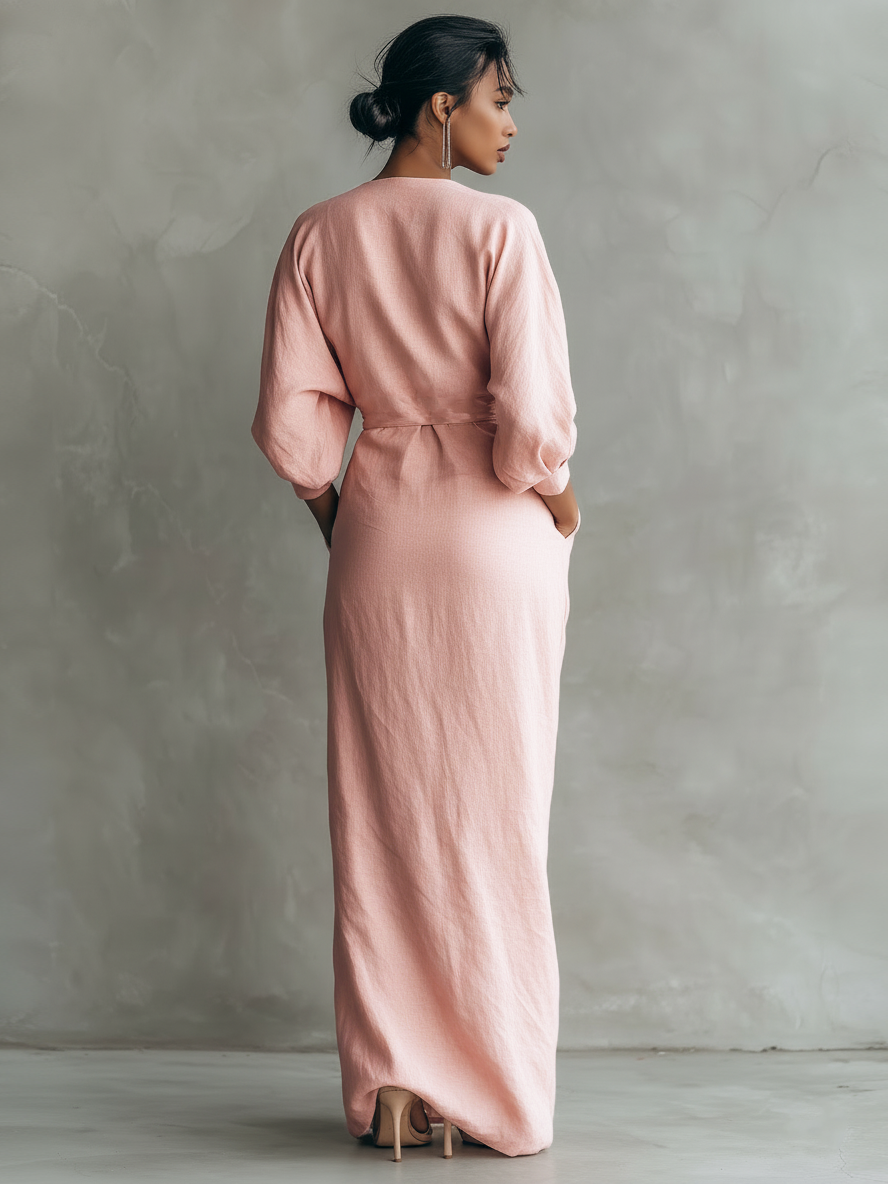 Women's Linen Blend V-Neck Minimalist Maxi Dress – product view | Hensley London